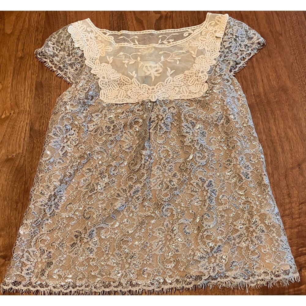 HD in‎ Paris Metallic Lace Blouse Women's US 10 Sheer Short Sleeve Top